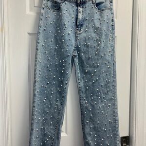 Women's Light Blue Pearl Embellished Jeans